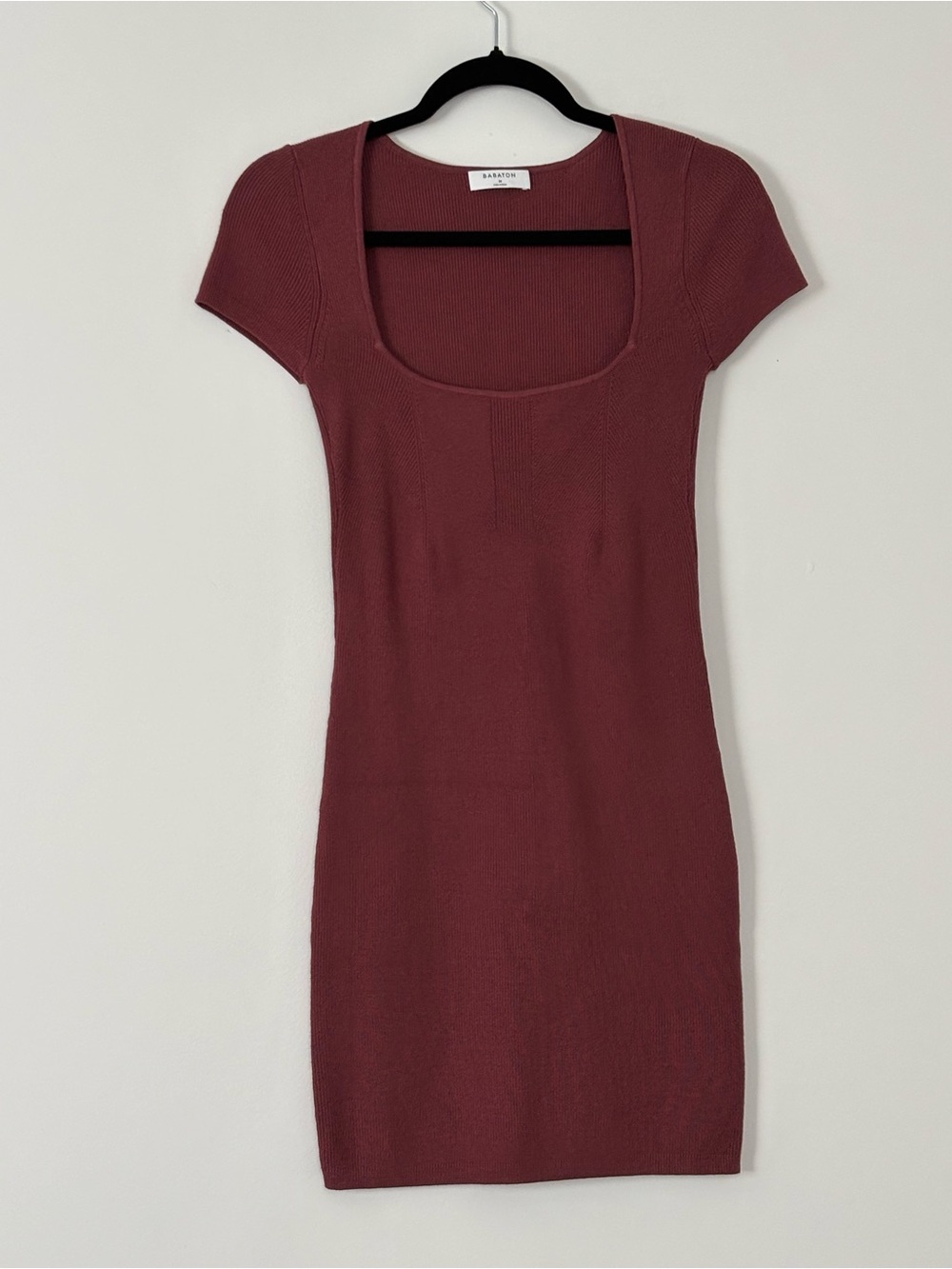 Babaton Aritzia Emerge Dress Squre Scoop Neck Ribbed Knit Bodycon Deep Rust Size
